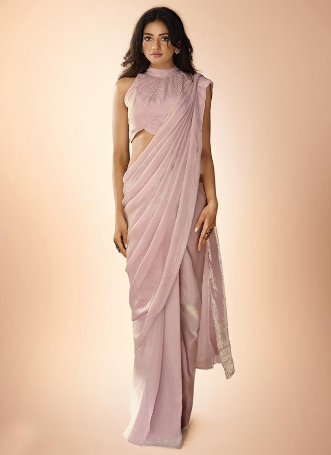 Organza Pink Party Wear Hand Work Ready To Wear Saree